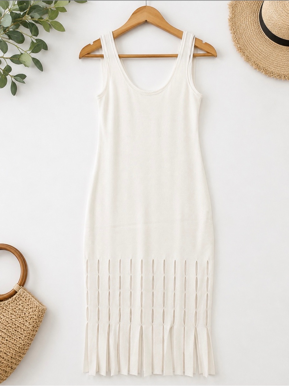 Mustard Seed Cream Sleeveless Knit Fringe Hem Midi Dress